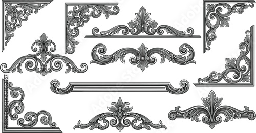Set of classical architectural ornaments and vintage corner flourishes featuring baroque style floral scrolls and decorative stone carving elements isolated on white background