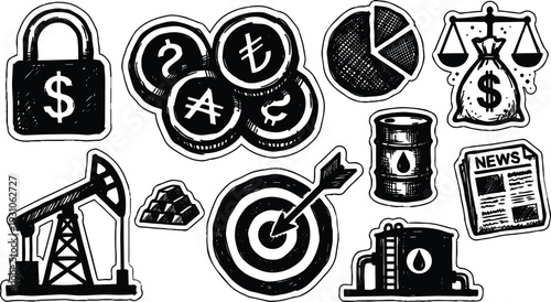 Hand drawn sticker style economic icons set showing oil rig target coins barrel news bag scales lock storage tank vector