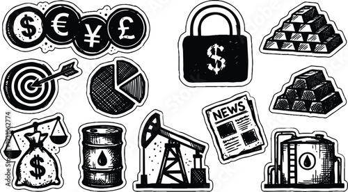 Hand drawn sticker style finance icons set showing target arrow pie chart lock and oil rig in monochrome gold bars