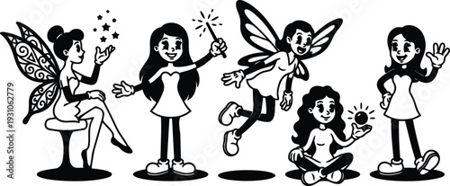 Line art whimsical fairy girls in playful poses holding wands sitting and flying with magical sparkles black and white vector
