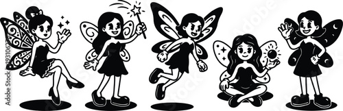 Tattoo flash style cute fairy girls in various poses with magic wand sitting waving and flying playful vintage vector art