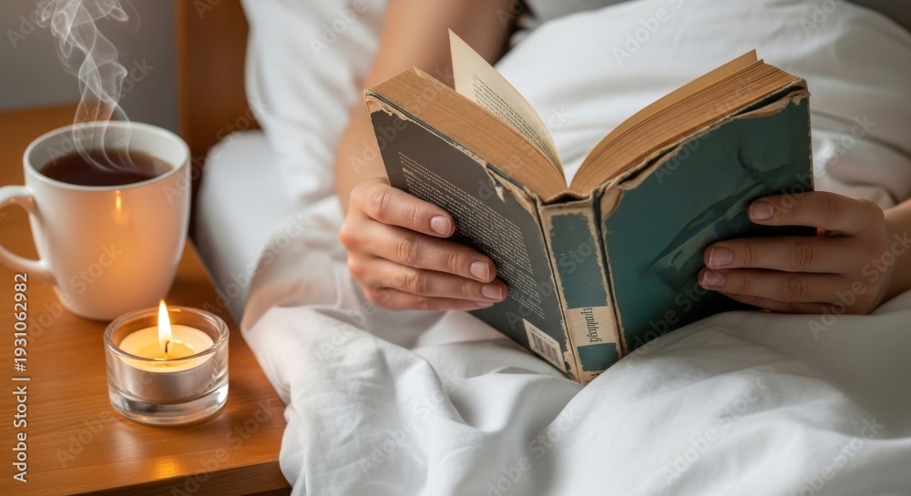 Obraz premium Woman reading old worn book in bed at night. Cozy concept for digital detox and relaxation. Evening leisure activity at home.