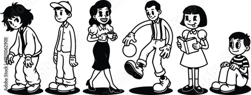 Rubber hose cartoon lineup side view six characters each with distinct pose and expression in black and white vintage style