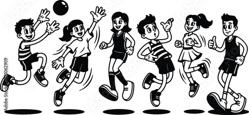 Retro cartoon line art illustration of six children jumping playing with ball gestures expressions energetic playground monochrome style happy poses