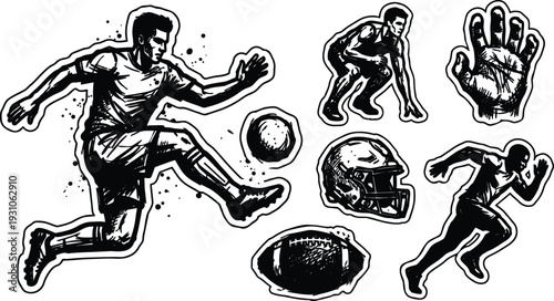 Tattoo flash sticker set showing soccer player kicking ball and american football helmet and running athlete in bold line art