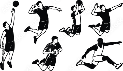 Flat design basketball players jumping shooting passing and dunking set of six silhouette action poses sports vector isolated black icons