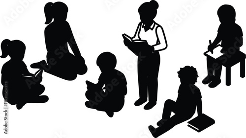 Flat silhouette vector scene of teacher reading aloud to seated children in a circle classroom with backlit contrast low angle
