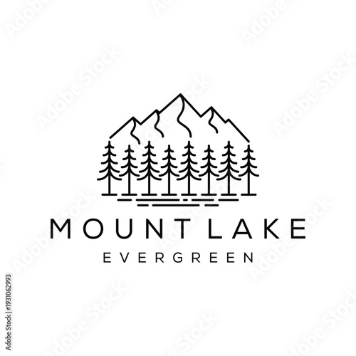 Minimalist pine forest with mountain hill peak creek river logo design