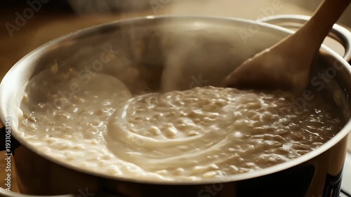 Wooden spoon stirring thick oatmeal cooking in a pot