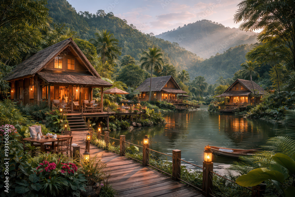 Obraz premium Serene lakeside cabin retreat surrounded by lush greenery at sunrise.