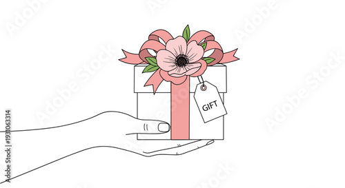 Hand presenting a white gift box decorated with a beautiful blooming pink flower, silk ribbons, and a tag labeled gift for a special celebration.