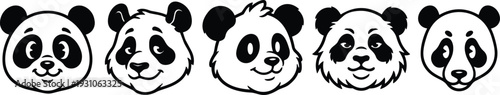 Line art panda head icons five variations front facing expressions simple black and white vector set for logos branding sticker