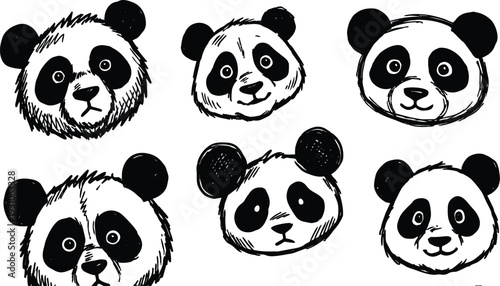 Ink sketch six panda faces set hand drawn vector heads with varied expressions close up black and white playful portrait