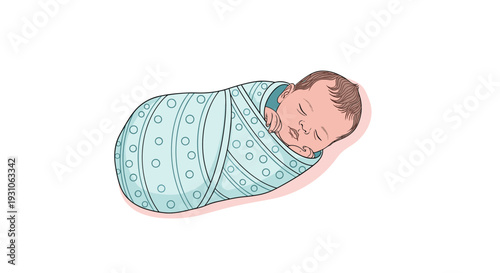 Sweet newborn baby peacefully sleeping while wrapped snugly in a soft light blue swaddle blanket featuring a delicate white polka dot pattern.