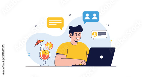 Happy man working on his laptop while sitting outdoors with a tropical cocktail glass, symbolizing a remote work and digital nomad lifestyle.