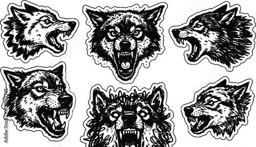 Tattoo flash snarling wolf head sticker sheet close up six designs black and white vector art aggressive expressions varying angles