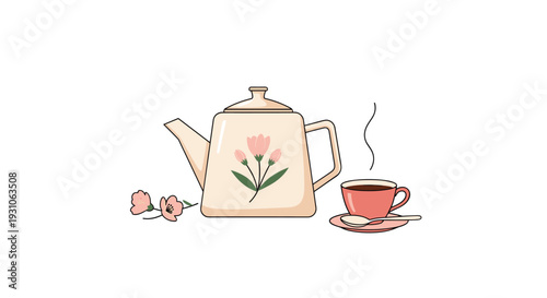 Delicate teapot and matching teacup decorated with pink flowers sit next to a spoon for a quiet afternoon tea break.
