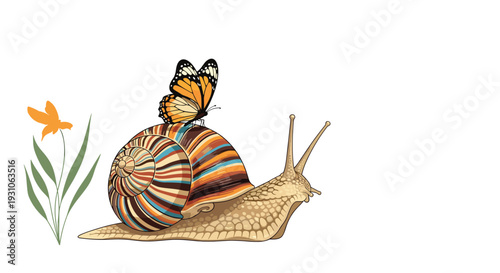 Large snail with a colorful striped shell carries a monarch butterfly while crawling past a small yellow flower.