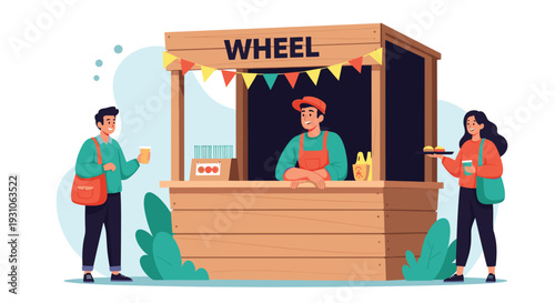 Customers interact with a cheerful vendor at a wooden food stall decorated with colorful festive bunting flags.