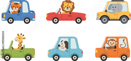 Cute animals driving cars vector set, cartoon tiger lion elephant giraffe dog monkey, colorful flat design isolated on background