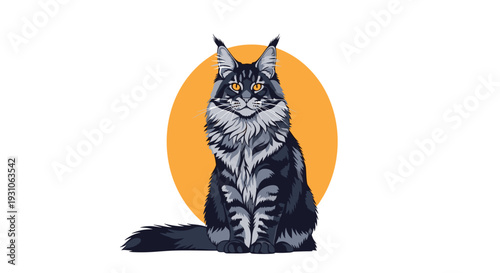 Regal long-haired cat with striking orange eyes and thick gray and black fur sits before a large orange sun circle.
