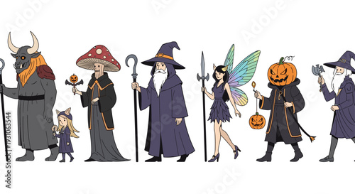 Diverse line of fantasy characters including a wizard, a fairy, and a pumpkin-headed figure walk in a group parade.