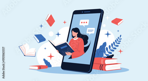 Concept of mobile learning features a woman reading a book while emerging from a large smartphone screen in abstract space.