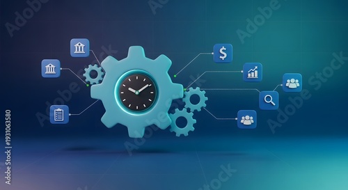 A clock and gears with various icons around them