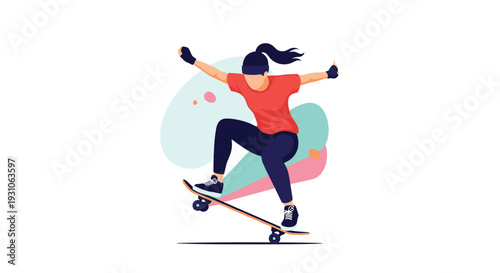 Skilled skateboarder in a red shirt performs a high jump trick over abstract colorful splash shapes in the air.