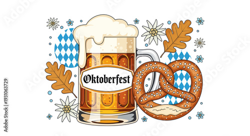 Oktoberfest beer mug with pretzel, traditional Bavarian celebration elements