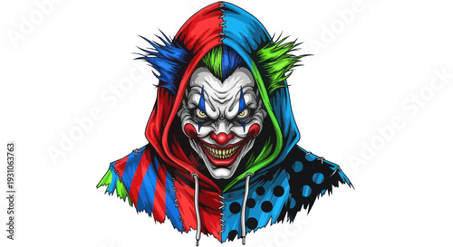 Scary Clown Face with Spiky Hair and Colorful Hood