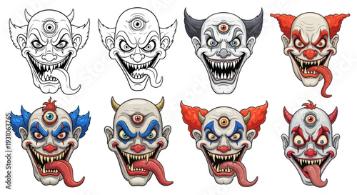Scary Clown Faces with Third Eye, Pixel Art and Illustration Styles