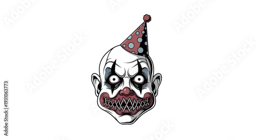 Scary Clown Face with Evil Grin and Party Hat - Horror Illustration