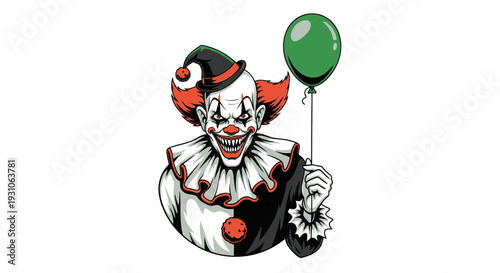 Scary Clown Holding Green Balloon, Horror Character with Evil Grin