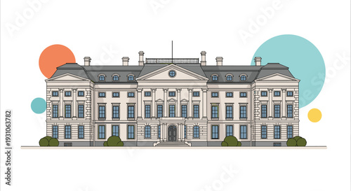 Grand classical building with many windows and architectural details stands prominently with colorful abstract circles in the back.