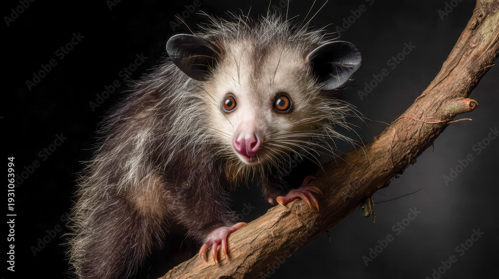 Naklejka premium An aye-aye climbing a tree branch in low light, a rare nocturnal primate, exotic wild animal and scene