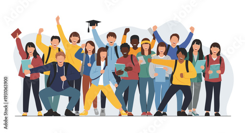 Diverse group of excited students celebrates their graduation by cheering and raising hands while holding diplomas and caps.