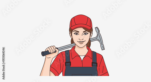 Female construction worker with hammer, ready for work
