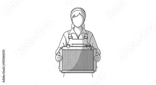 Female Mechanic Holding Car Radiator, Auto Repair Service, Workshop Background