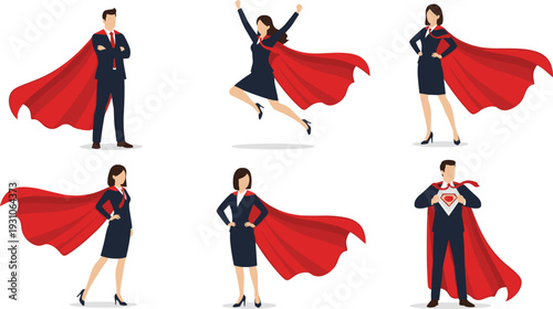 Set of professional business men and women cartoon characters wearing red superhero capes in powerful success poses isolated on white background for leadership