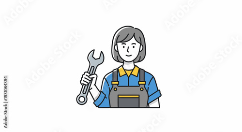Female Mechanic Holding Wrench, Wearing Overalls, Ready for Auto Repair Work