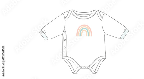 Simple line drawing of a long sleeve baby bodysuit featuring a soft colored rainbow graphic on the chest, perfect for apparel design.