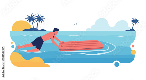 Young man pushing a pink inflatable mattress into the calm sea water at a tropical beach with palm trees and a sunset.
