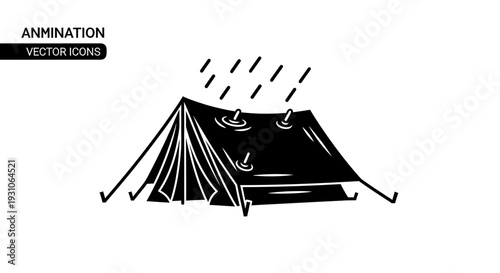 Animated tent with rain falling on it, water puddles forming on the roof