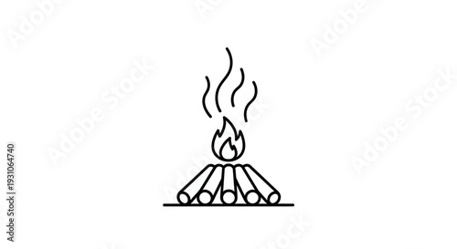 Campfire Icon: Simple Line Art Illustration of Burning Logs and Flames