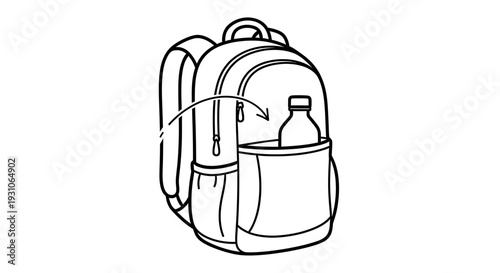 Backpack with side pocket holding a water bottle, illustration of convenience and hydration
