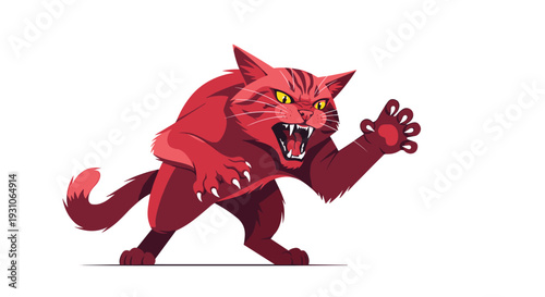Angry red cat character with a fierce expression showing sharp teeth and claws while in an aggressive stance on a white background.