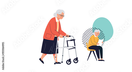 Senior life illustration featuring an elderly woman using a walker and another sitting on a chair reading a book or newspaper.