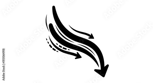 Black abstract flowing lines with arrows indicating downward movement and wind
