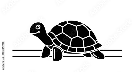 Black and white cartoon turtle walking on a line, symbolizing slowness and progress
